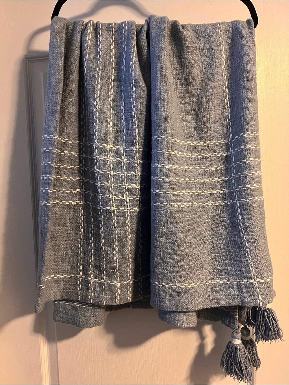 Soft Gray Woven Throw Blanket with White Stitch Detail
